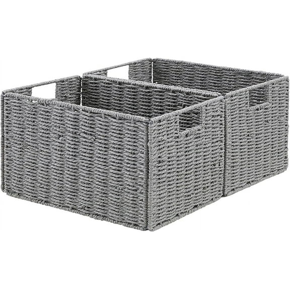Wicker Storage Basket, Set of 2 Hand-Woven Paper Rope Wicker Basket, Small Storage Baskets for Organizing Toilet Paper Basket, Foldable Large Cube Storage Organizer Bins for Shelves (Grey)