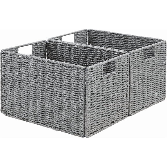Wicker Storage Basket, Set of 2 Hand-Woven Paper Rope Wicker Basket, Small Storage Baskets for Organizing Toilet Paper Basket, Foldable Large Cube Storage Organizer Bins for Shelves (Grey)