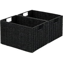Wicker Storage Basket, Set of 2 Hand-Woven Paper Rope Wicker Basket, Small Storage Baskets for Organizing Toilet Paper Baskets, Foldable Large Cube Storage Organizer Bin for Shelves (Black)