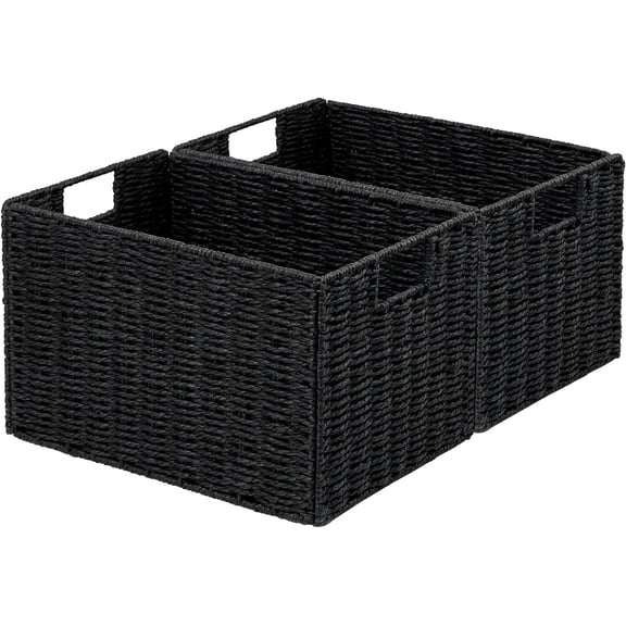 Wicker Storage Basket, Set of 2 Hand-Woven Paper Rope Wicker Basket, Small Storage Baskets for Organizing Toilet Paper Baskets, Foldable Large Cube Storage Organizer Bin for Shelves (Black)