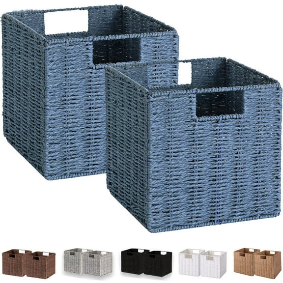 Wicker Storage Basket, Set of 2 Hand-Woven Storage Baskets for Shelves with Handles, Foldable Cube Storage Bins Organizer, Blue 13x13 Inch Large Wicker Baskets for Pantry Bedroom Decor, Blue