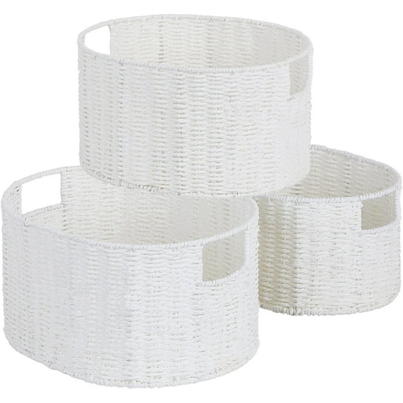 Wicker Storage Basket, Set of 3 Hand-Woven Paper Rope Storage Baskets for Organizing, Round Storage Basket With Handles, Large Wicker Storage Organizer Bins Baskets for Shelves & Decor, White