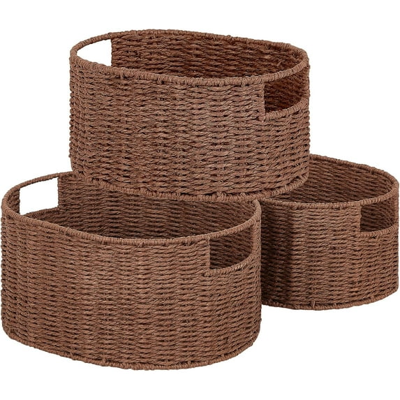 Wicker Storage Basket, Set of 3 Hand-woven Storage Baskets for Organizing, Round Large Wicker Baskets for Storage Decor, Pantry Storage Cubes Organization Baskets for Shelves, Brown