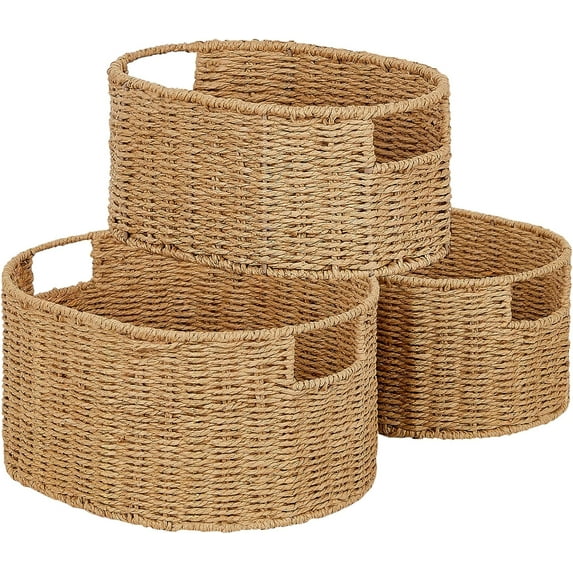 Wicker Storage Basket, Set of 3 Hand-woven Storage Baskets for Organizing, Round Large Wicker Baskets for Storage Decor, Pantry Storage Cubes Organization Baskets for Shelves, Natural