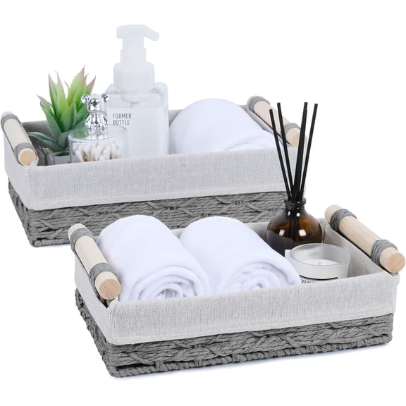 Wicker Storage Basket with Wooden Handle Paper Rope Decorative Toilet Paper Baskets & Bathroom Organizer for Toilet Tank Top, Shelves, Bedroom, Countertop,Home,Office Storage Bins, 2 Pack,Grey