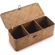 Wicker Storage Basket Woven Rattan Storage Box With Lids Hand Woven Wicker Shelf Baskets Makeup Organizer For Bathroom, Living Room, Kitchen(Khaki)