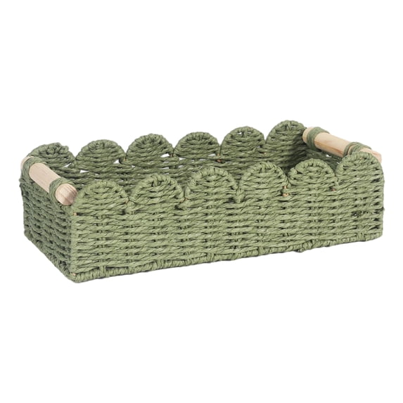 Wicker Storage Basket, Woven Storage Basket, 12X4 In, Sage Green, Wooden Handles, 1 Pc, Countertop Arranging, Living Room Entryway