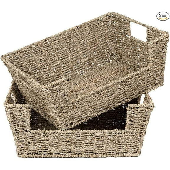 Wicker Storage Basket for Pantry Organizers and Storage, Stackable Seagrass Pantry Baskets for Shelves, 2-Pack