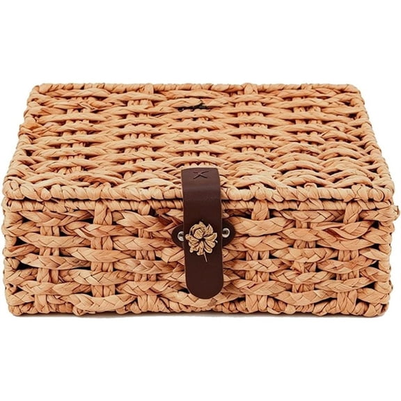 Wicker Storage Basket with Lid, Natural Seagrass Rectangular Woven Basket, Storage Boxes for Shelf Decor,for Home Large