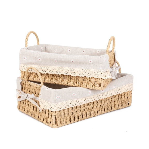 Wicker Storage Baskets with Handle and Liner, Rectangular Natural Paper Rope Woven Shelf Baskets for Organizing, Storage Bins Organizers for Living Room Bedroom Bathroom Tabletops(Set of 2)