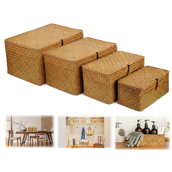 Wicker Storage Baskets with Lids, Set of 4 Rattan Storage Baskets for Organizing, Woven Large Rectangular Basket Boxes, Basket with Lid , Decorative Chest Organizer, Desktop Basket(9"+10"+11"+12.6")
