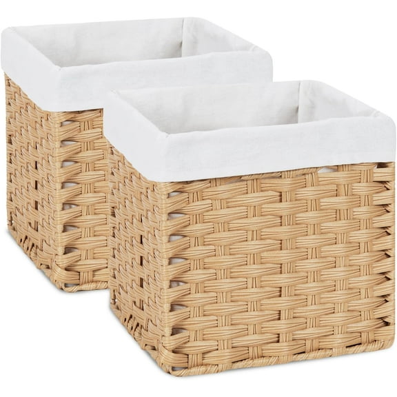 Wicker Storage Baskets with Liners 11x11 Storage Cube Bins Woven Basket with Imitation Water Hyacinth 2-Pack  Woven Storage Bins for Organizing Rattan Baskets Organizer-