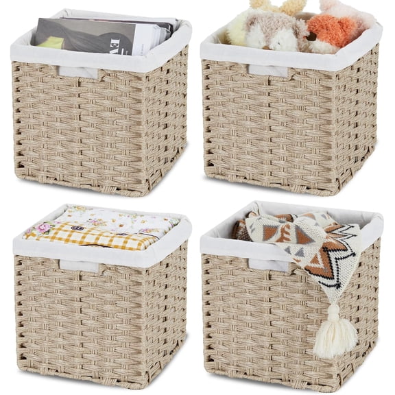 Wicker Storage Baskets for Organizing 4-Pack Hand-Woven Imitation Wicker Cube Storage Bins with Liners for Shelves Closet Cabinet 11x11 Waterproof Cube Organizer for Pantry-Greyish Beige