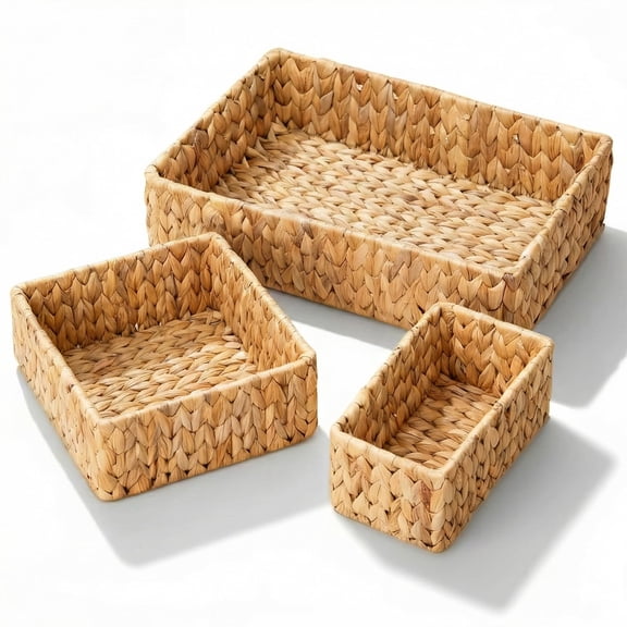 Wicker Storage Baskets Set of 3, Handwoven Water Hyacinth Baskets for Organizing, Large and Small Wicker Baskets Set, Decorative Natural Woven Baskets 3Pack for Pantry Shelves