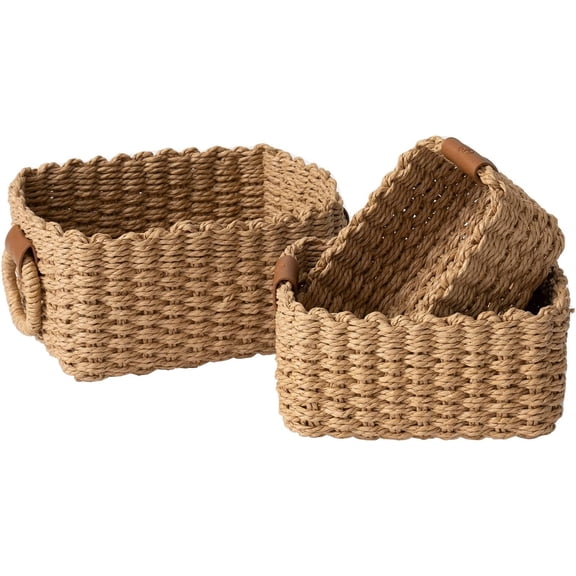 Wicker Storage Baskets Set of 3, Small Paper Rope Organizer Bins for Shelf, Bathroom, Closet and Drawer Organization, Decorative Square Storage Containers