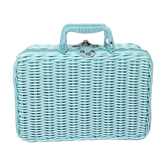 Wicker Storage Baskets Vintage Rattan Suitcase Basket, Rustic Storage Box with Leather Strap Lock, Makeup Organizer, Prop Case for Camping Travel,Sky Blue