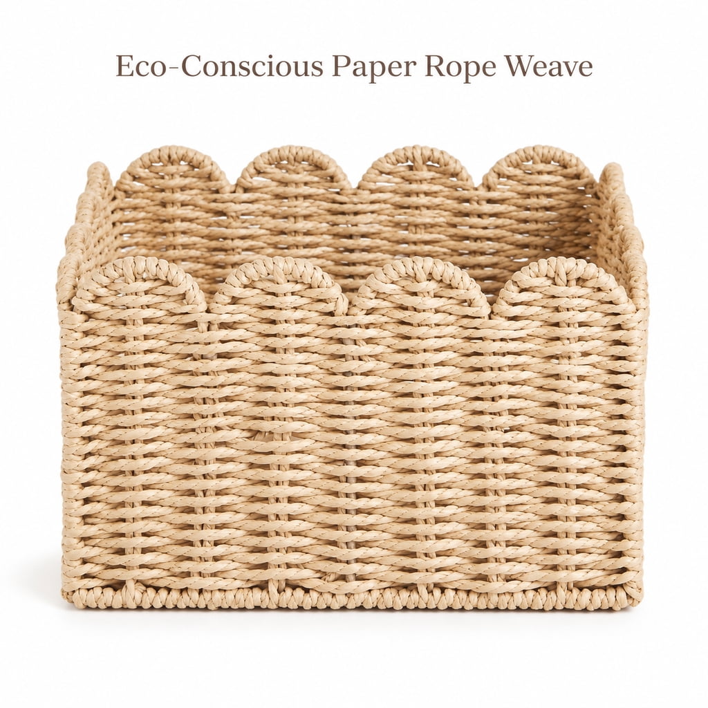 Wicker Storage Baskets for Shelves, Scalloped Basket Handwoven ...