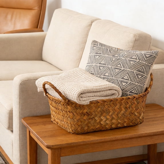 Wicker Storage Baskets with Wooden Handles, Hand-Woven Water Hyacinth Storage Organizers for Throw Blankets, Bedroom, Living Room, Laundry