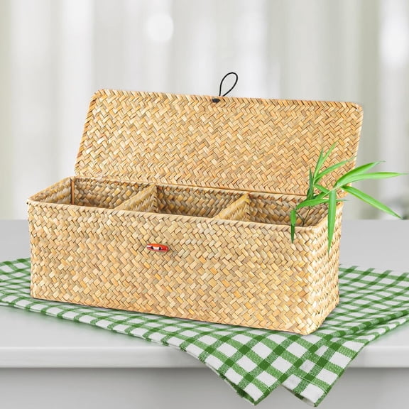 Wicker Storage Bins with Lid, 12.6inch Wicker Storage Baskets with 3 compartments for Organizing, Woven Shelf Organizer Bins Home Utility Organizer Box for Home & Office Supplies (Light Orange)