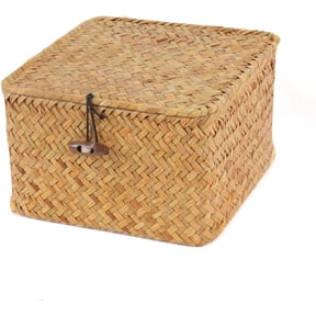 Wicker Storage Bins with Lid, Wicker Basket Decorative Boxes, Multipurpose Organizer Rattan Display Boxes for Shelf Organizer, Boho Rattan Box for Christmas Home Decoration