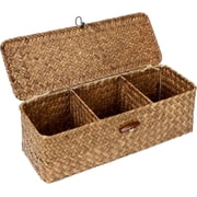 Wicker Storage Bins with Lid Wicker Storage Baskets with 3 compartments for Organizing, Woven Shelf Organizer Bins Home Utility Organizer Box for Cosmetics, Home & Office Supplies Khaki