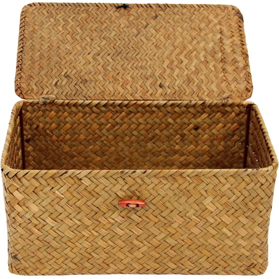 Wicker Storage Box with Lid, 10.2 x 6.3 x 3.9inch Natural Hand-Woven Rattan Storage Box, Wicker Baskets for Storage,Rectangular Household Organizer Boxes Shelf Wardrobe Organizer (M)