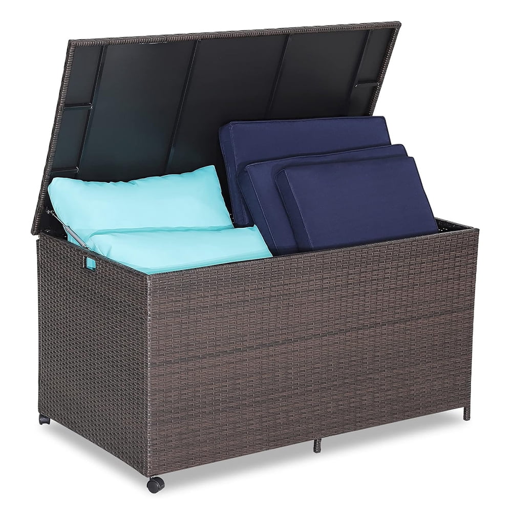 Funituring Container Wicker Storage Box, Rattan Deck Container with 2 Universal Wheels and ...