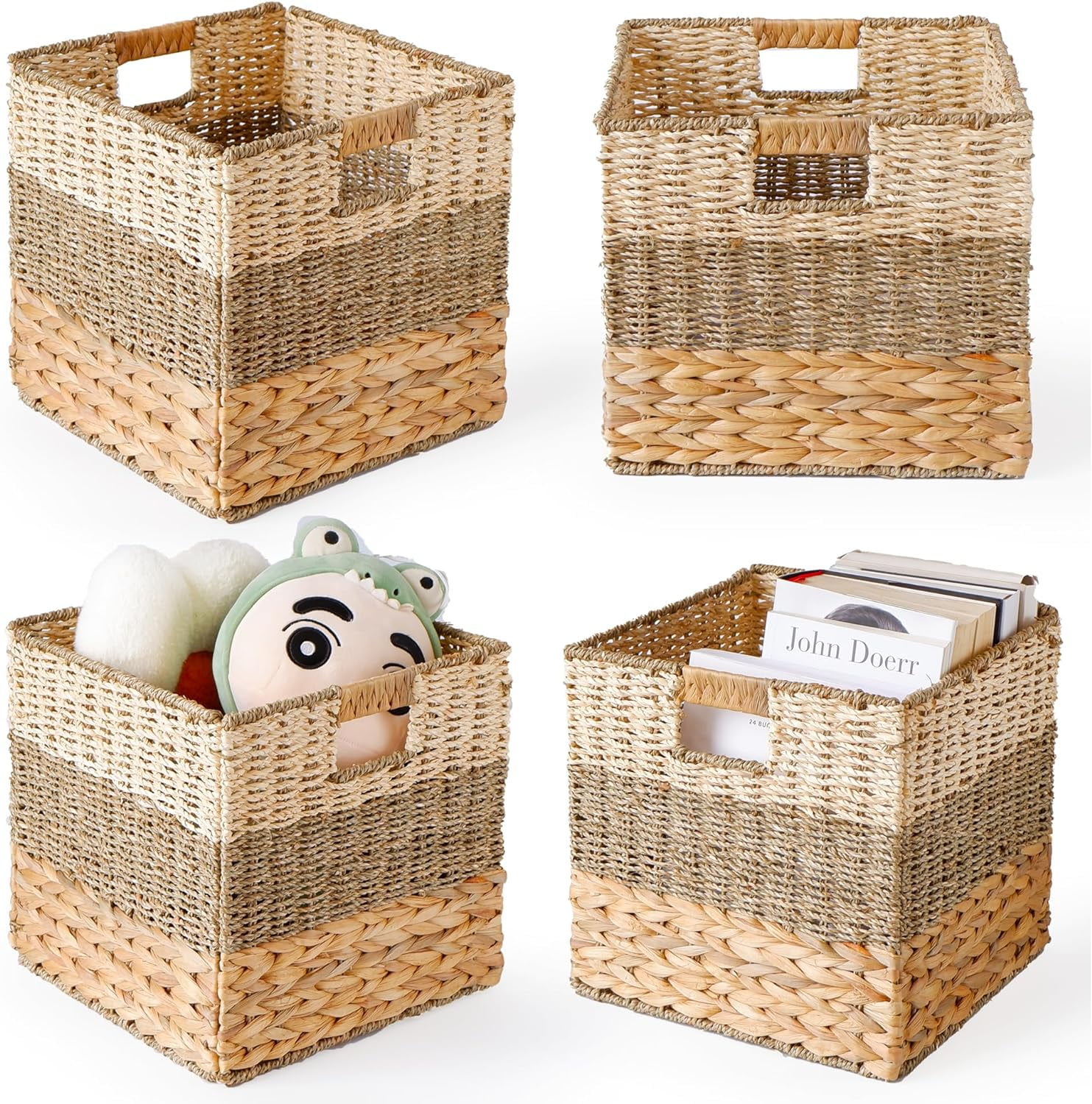 Wicker Storage Cubes 10.5 x 10.5, Set of 4 Heavy Duty Hyacinth Baskets