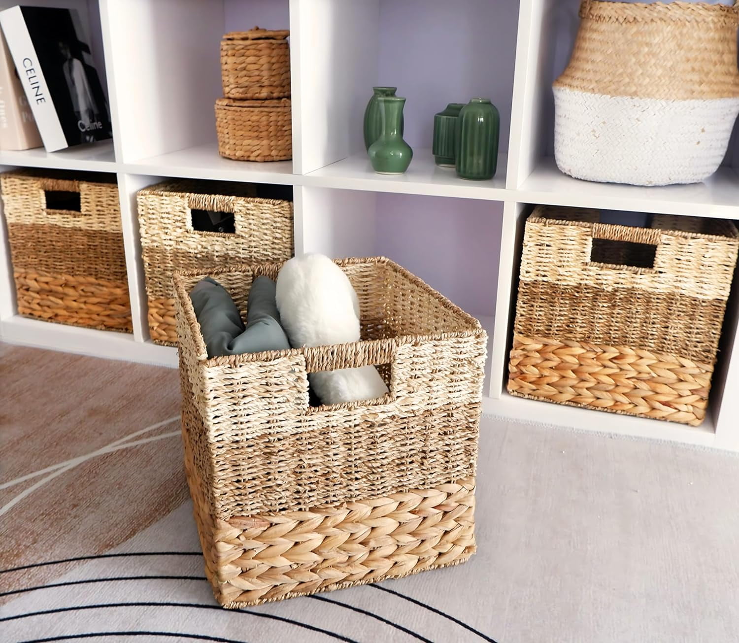 Wicker Storage Cubes 12x12, Set of 4 Heavy Duty Hyacinth Baskets for