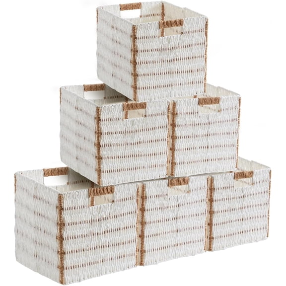 Wicker Storage Cubes Bin, 13 x 13 Inch Storage Cubes Shelf Basket Collapsible Natural Hand Woven Paper Kallax Storage Cube Bin with Handles - Set of 6, White/Brown
