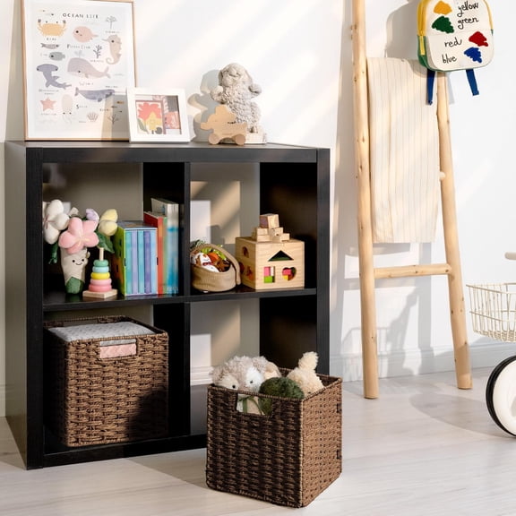 Wicker Storage Cubes, Handwoven Wicker Baskets, Square Cube Organizer Bins, Foldable Paper Rope Basket, Brown, 2 Pack