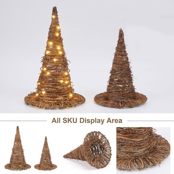 Wicker String Lights Cone Tree Decor 2 Pack, Rattan Tabletop Centerpiece with Warm Lights for Fall Home Decor, 11.81 in