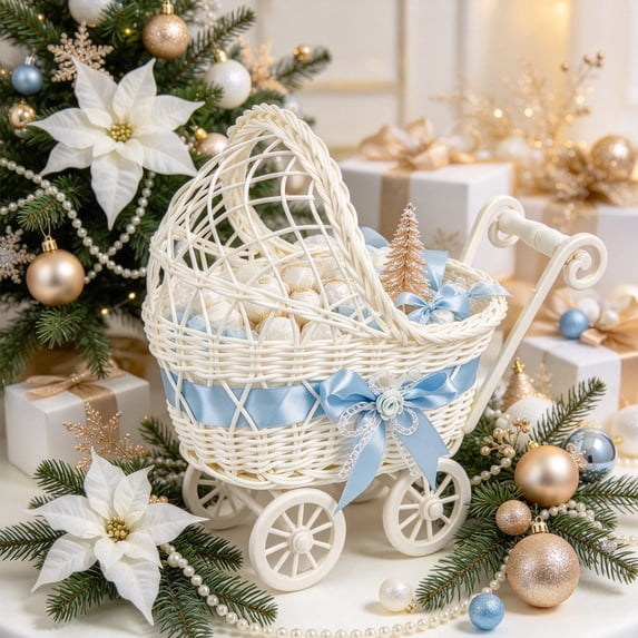Wicker Stroller Basket, Doll Carriage Candy Basket, Candy Storage Party Decor, Multi Functional Storage Basket Cute Rural Decor For Weddings Party Festivals, for Candies, Fruits, and Flowers