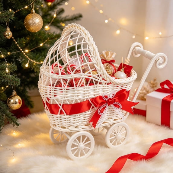 Wicker Stroller Basket, Doll Carriage Candy Basket, Candy Storage Party Decor, Multi Functional Storage Basket Cute Rural Decor For Weddings Party Festivals, for Candies, Fruits, and Flowers