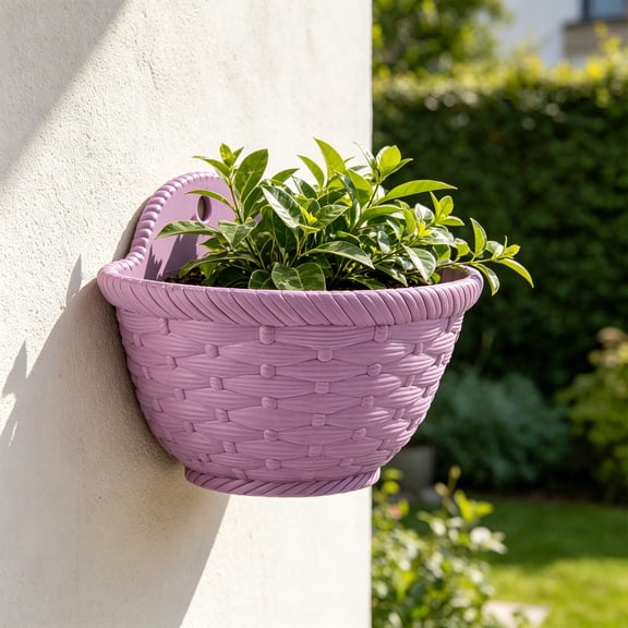Wicker Style Half Round Wall Mounted Flower Pot, Outdoor Garden Planter for Hydroponic Home Decor, Purple