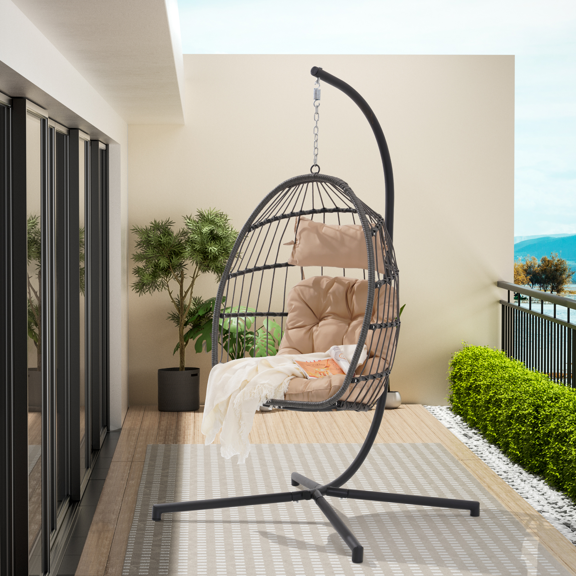Wicker Swing Chair, BTMWAY Patio Foldable Egg Chair with Stand and Cushions, Outdoor All-weather Rattan Hammock Egg Chair Folding Hanging Chair for Balcony Backyard Garden Poolside, Holds 380lb, Beige - image 1 of 4