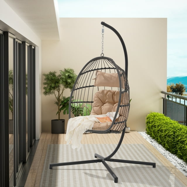 Wicker Swing Chair, BTMWAY Patio Foldable Egg Chair with Stand and Cushions, Outdoor All-weather Rattan Hammock Egg Chair Folding Hanging Chair for Balcony Backyard Garden Poolside, Holds 380lb, Beige