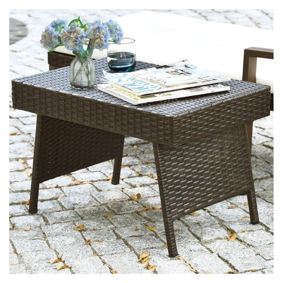 Wicker Table Patio Outdoor Poolside Garden Lawn Bistro Foldable Portable Leisure Standing Coffee Side Table, Espresso Brown