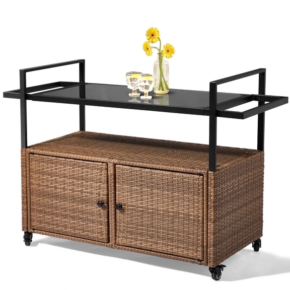 Wicker Textured Outdoor Bar Cart with Storage and Wheels, Glass Top Mobile Patio Serving Table, Heavy Duty Rattan Food Storage Trolley Cabinet with Shelf for Pool Party Backyard Porch, Adult Large Fu