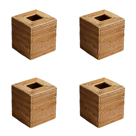 Wicker Tissue Box Cover Holder - Natural Rattan Woven Square Boho Decorative Organizer for Facial Napkins in Bathroom, Living Room, Kitchen & Desk Decor (1-4PC)
