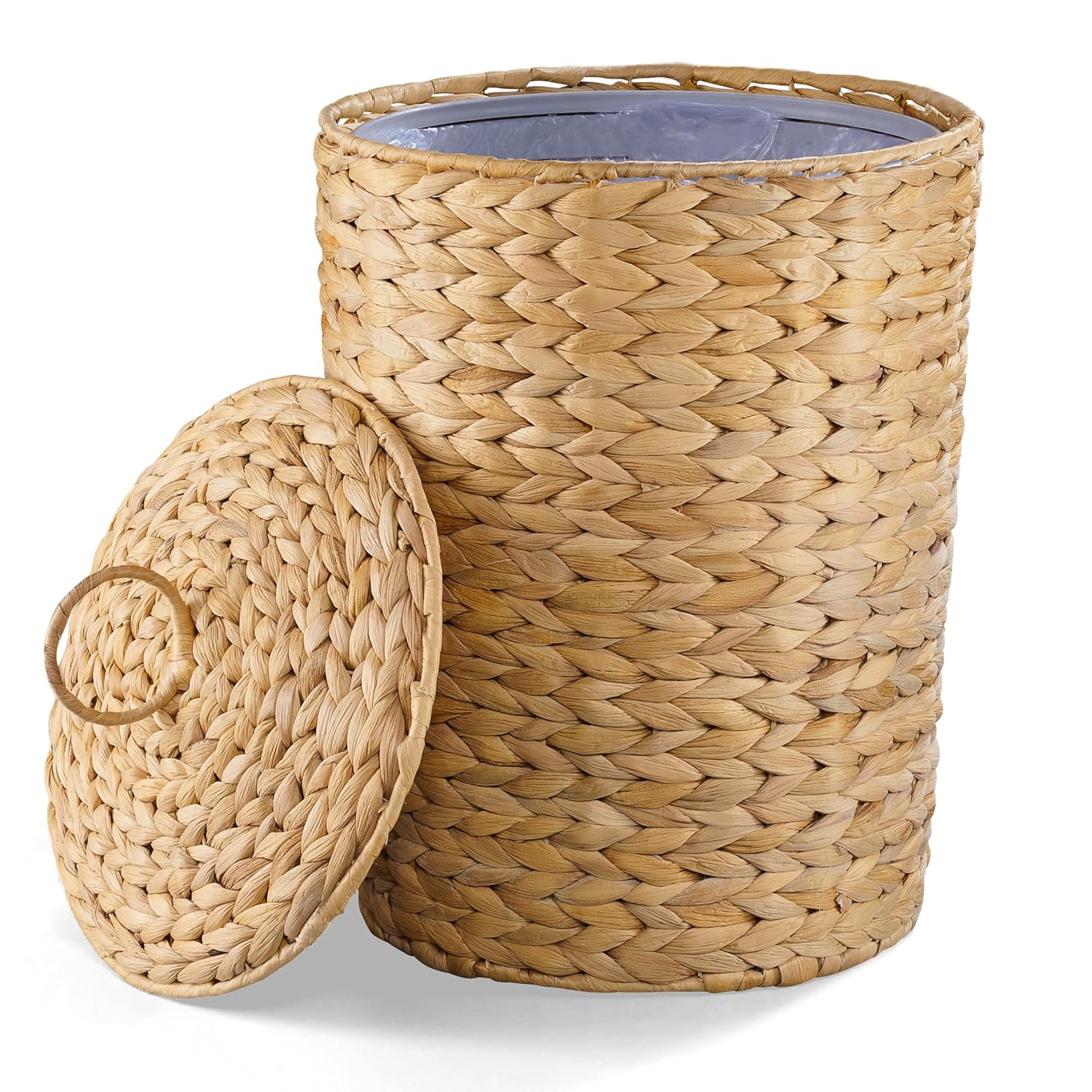 Wicker Trash Can with Lid and Removable Liner, Wicker Rattan Bathroom Trash Can, Large Woven Bin for Office, Hyacinth Waste Basket for Bedroom, Living Room, Kitchen