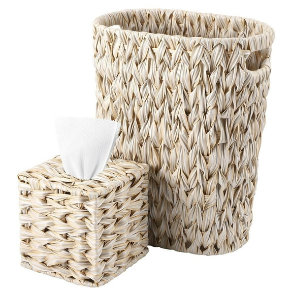 Wicker Trash Can & Square Tissue Box, Handwoven Waterproof Waste Basket with Handles, Wicker Home Set for Bedroom, Bathroom, Kitchen, Office, Balcony (Cream White)