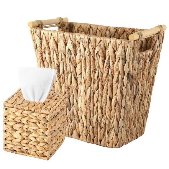 Wicker Trash Can & Square Tissue Box Holder, Water Hyacinth Waste Paper Baskets with Wooden Handles,Handwoven Waste Basket for Bathroom, Bedroom, Office (Wooden Handles Trash Can)