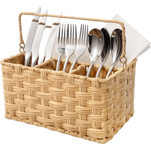 Wicker Utensil Caddy, Utensils Holder Buffet Caddy, Spoon Cutlery Holder Utensils Organizer, Condiment Organizer Silverware Holder, Utensil Organizer for Countertop