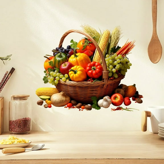 Wicker Wall decor, Fruit and Vegetable Basket, 19X14 in, Peel Stick decal, Vegetable Basket, Kitchen Wall Covering, Countertop Display, Harvest Season, Earth Brown, 1 Pc