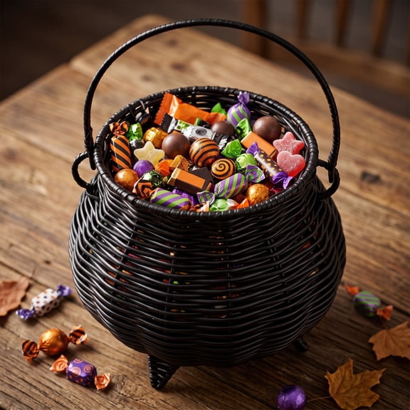 Wicker Witch Cauldron Basket with Handle, Handwoven Rattan Halloween Candy Bucket, Spooky Witch Pot Storage Basket for Halloween Party Tabletop Home Kitchen Holiday Decoration, Black