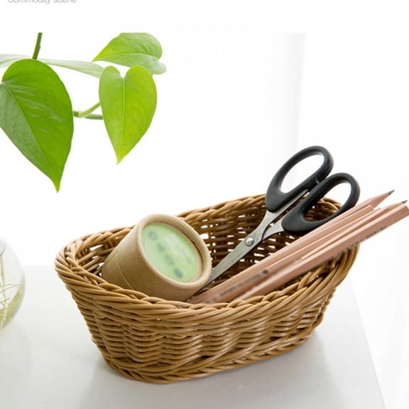 Wicker Woven Basket Bread Tray Serving For Food Fruit Cosmetic Storage Tabletop Bathroom Storage Kitchen Organizer