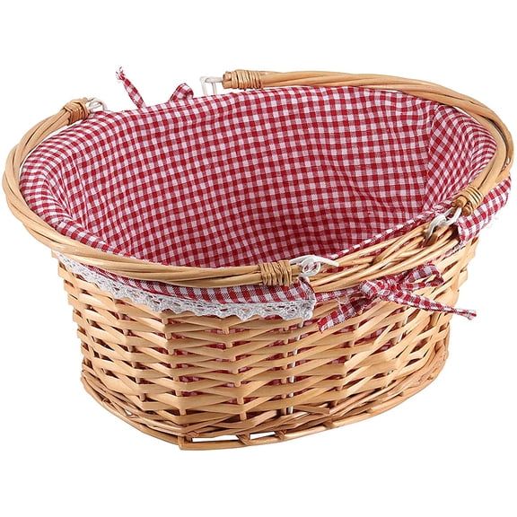 Wicker Woven Basket with Double Folding Handles, Willow Picnic Hamper with Linen Cloth Lining for Easter Eggs, Candy Storage, Gift Packing, (Red, 14 Inch)