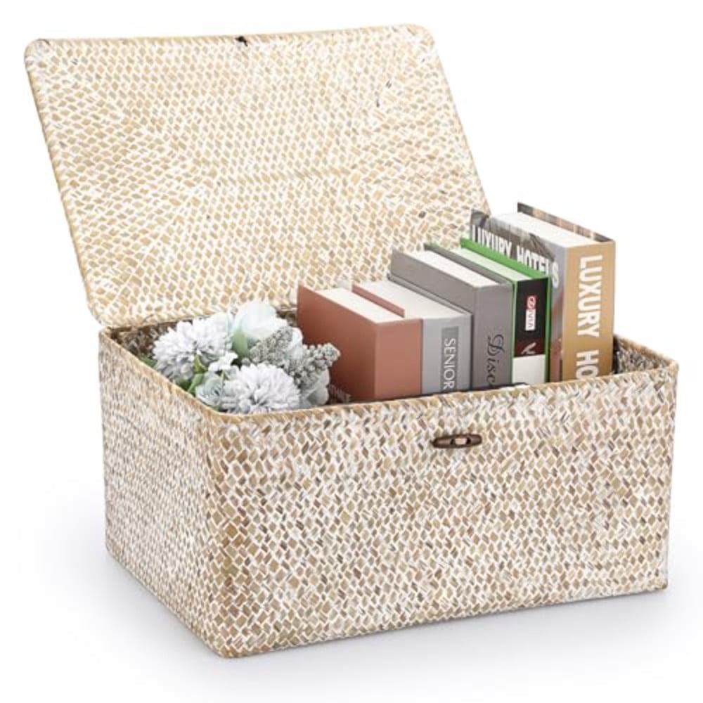 Wicker Woven Baskets Bin with Lid Natural Seagrass Basket Storage Bin Rectangular Household Basket for Shelf Wardrobe Home Decor Whitewash X-Large