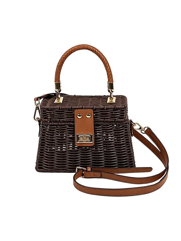 Wicker Woven Box Handbag, Boho Style Basket Purse with Handle, Waterproof Lightweight Crossbody Shoulder Bag, Summer Beach Travel Daily Casual Party Bag for Women(Brown 10.43in)